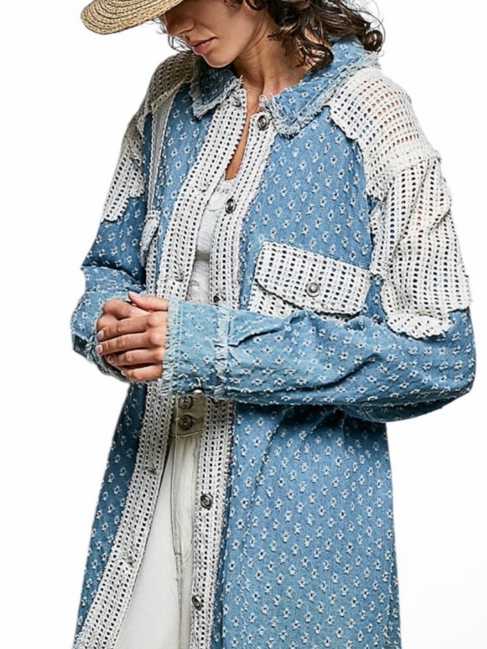 POL Blue and White Patchwork Denim Shirt Jacket sz M- NWOT - Picture 3 of 8